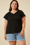 HY7264W BLACK Plus Exaggerated Ruffle Textured Knit Tank Front
