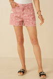 HY7280 Pink Womens Floral Printed Distressed Denim Shorts Front