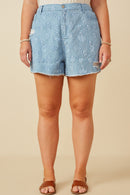 HY7280W PINK Plus Floral Printed Distressed Denim Shorts Back