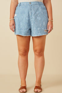 HY7280W PINK Plus Floral Printed Distressed Denim Shorts Back