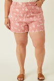 HY7280W PINK Plus Floral Printed Distressed Denim Shorts Front