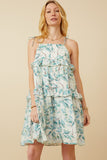 HY7282 Teal Womens Crushed Satin Textured Ruffled Botnical Print Dress Front
