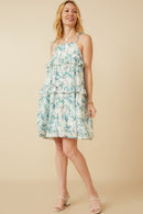 HY7282W Teal Plus Crushed Satin Textured Ruffled Botnical Print Dress Gif
