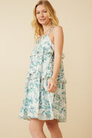 HY7282W Teal Plus Crushed Satin Textured Ruffled Botnical Print Dress Full Body