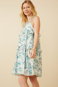 HY7282W Teal Plus Crushed Satin Textured Ruffled Botnical Print Dress Full Body