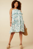 HY7282W Teal Plus Crushed Satin Textured Ruffled Botnical Print Dress Front