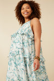 HY7282 Teal Womens Crushed Satin Textured Ruffled Botnical Print Dress Gif