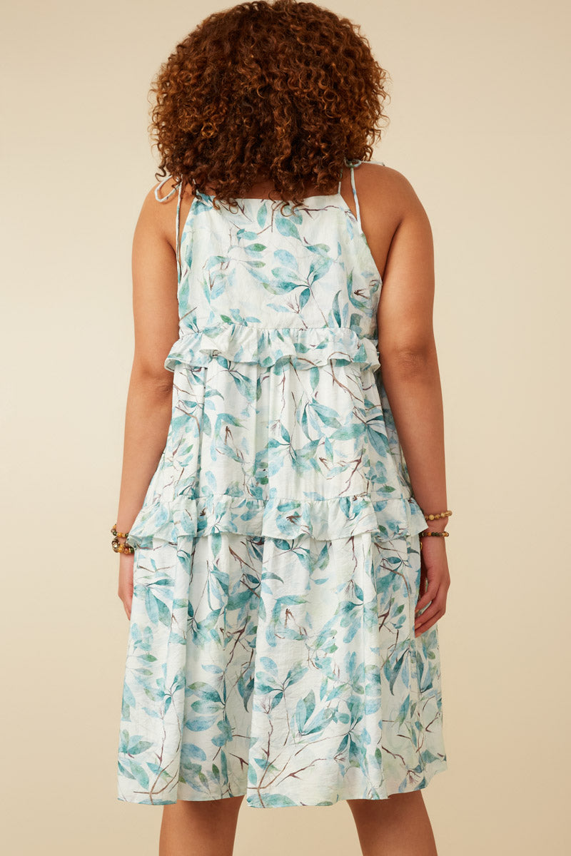 HY7282 Teal Womens Crushed Satin Textured Ruffled Botnical Print Dress Full Body