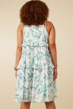HY7282 Teal Womens Crushed Satin Textured Ruffled Botnical Print Dress Full Body