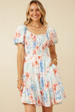 HY7284W Off White Womens Textured Romantic Floral Smocked Puff Sleeve Dress Front