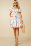 HY7284 Off White Womens Textured Romantic Floral Smocked Puff Sleeve Dress Gif