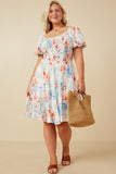 HY7284 Off White Womens Textured Romantic Floral Smocked Puff Sleeve Dress Side