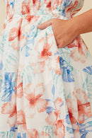 HY7284W Off White Womens Textured Romantic Floral Smocked Puff Sleeve Dress Gif