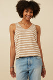 Cable Textured Striped Knit V Neck Tank