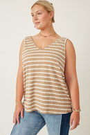 HY7294W Taupe Womens Cable Textured Striped Knit V Neck Tank Front