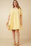 HY7297 Lemon Womens Asymmetric Seam Detail Cinched Cuff Poplin Dress Front 2