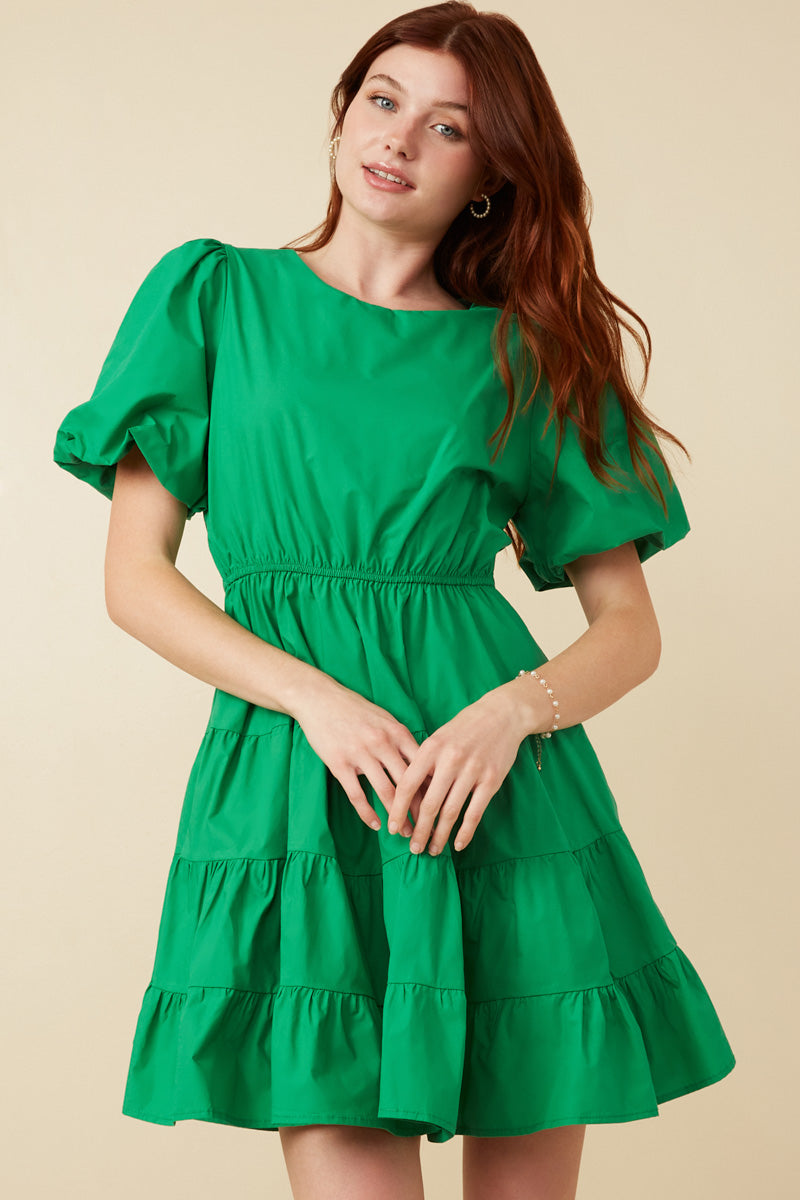 Bow Back Puff Sleeve Poplin Dress