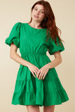 HY7309W Green Plus Bow Back Puff Sleeve Poplin Dress Front