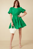 HY7309 Green Womens Bow Back Puff Sleeve Poplin Dress Gif