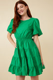 HY7309 Green Womens Bow Back Puff Sleeve Poplin Dress Full Body