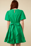 HY7309 Green Womens Bow Back Puff Sleeve Poplin Dress Front