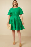 HY7309 Green Womens Bow Back Puff Sleeve Poplin Dress Back