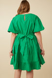 HY7309W Green Plus Bow Back Puff Sleeve Poplin Dress Full Body