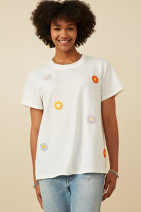 HY7311 OFF WHITE Womens Multi Floral Patched Knit Tee Front