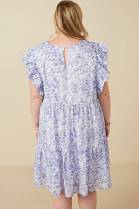 HY7313W Lavender Plus Ditsy Floral Exaggerated Ruffle Sleeve Dress Gif