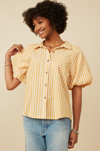 HY7314W Yellow Plus Striped Puff Sleeve Button Up Poplin Shirt Front