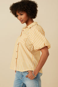 HY7314 YELLOW Womens Stirped Puff Sleeve Button Up Poplin Shirt Full Body