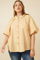 HY7314 YELLOW Womens Stirped Puff Sleeve Button Up Poplin Shirt Front