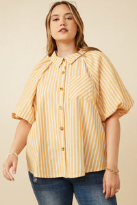 HY7314 YELLOW Womens Stirped Puff Sleeve Button Up Poplin Shirt Front