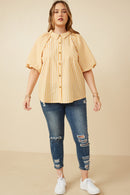 HY7314 YELLOW Womens Stirped Puff Sleeve Button Up Poplin Shirt Back