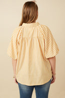 HY7314W Yellow Plus Striped Puff Sleeve Button Up Poplin Shirt Full Body