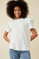 HY7315 Off White Womens Contrast Tipped Ruffled Ribbed Knit Top Front