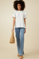 HY7315 Off White Womens Contrast Tipped Ruffled Ribbed Knit Top Back