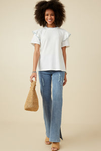 HY7315 Off White Womens Contrast Tipped Ruffled Ribbed Knit Top Back