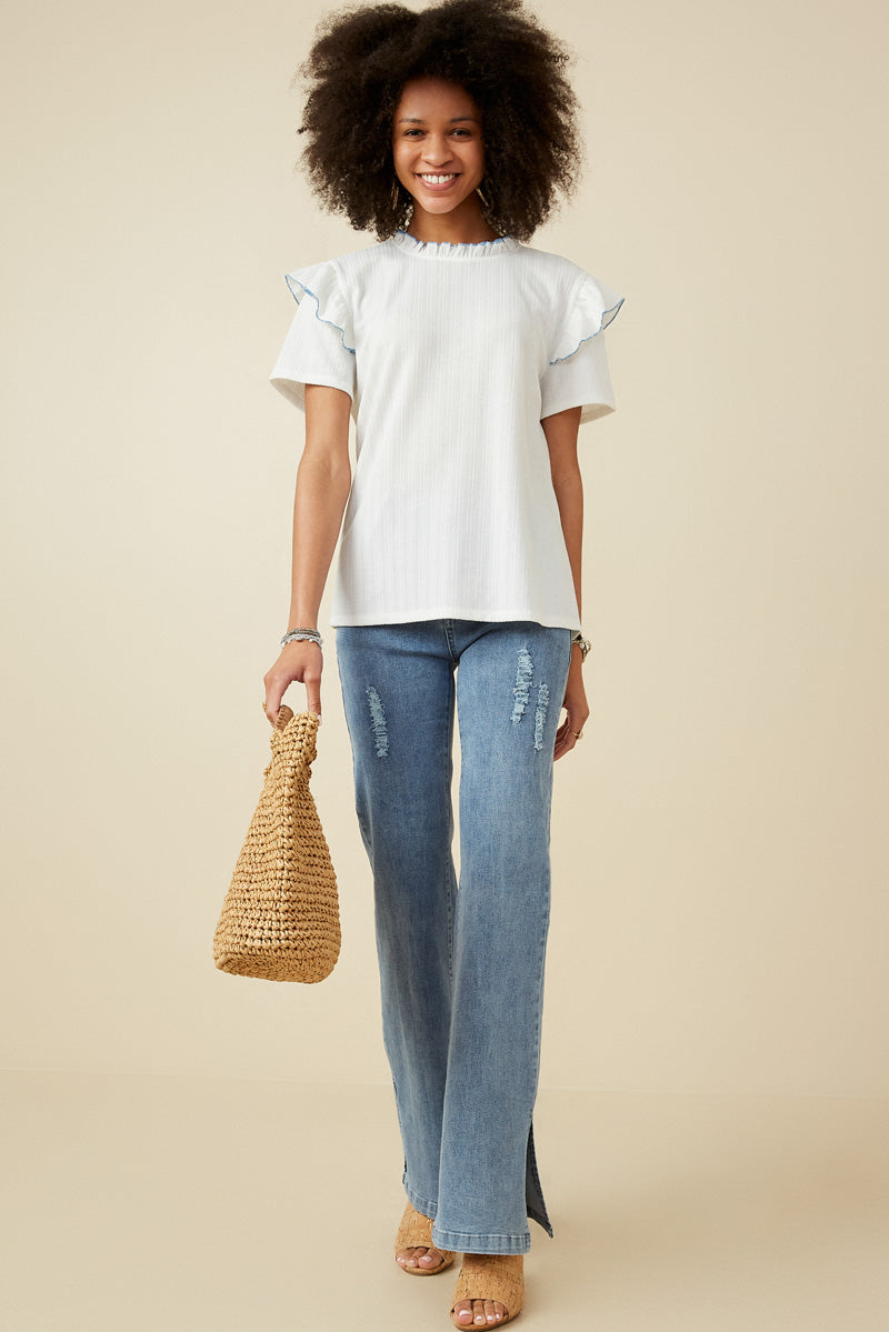 HY7315 Off White Womens Contrast Tipped Ruffled Ribbed Knit Top Back