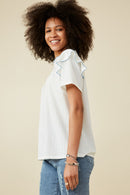 HY7315 Off White Womens Contrast Tipped Ruffled Ribbed Knit Top Front 2