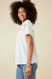 HY7315 Off White Womens Contrast Tipped Ruffled Ribbed Knit Top Front 2