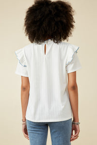 HY7315W OFF WHITE Plus Contrast Tipped Ruffled Ribbed Knit Top Gif