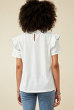 HY7315W OFF WHITE Plus Contrast Tipped Ruffled Ribbed Knit Top Gif