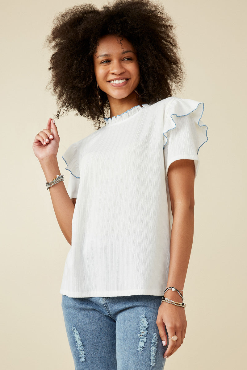 HY7315W OFF WHITE Plus Contrast Tipped Ruffled Ribbed Knit Top Full Body