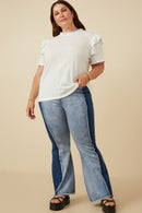 HY7315W OFF WHITE Plus Contrast Tipped Ruffled Ribbed Knit Top Front