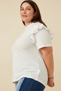 HY7315 Off White Womens Contrast Tipped Ruffled Ribbed Knit Top Gif