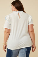 HY7315 Off White Womens Contrast Tipped Ruffled Ribbed Knit Top Full Body