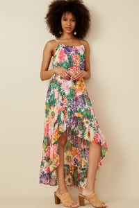 HY7321W PINK MIX Plus Vivid Floral Asymmetric Ruffle Hem Dress Front