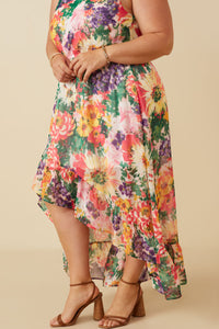 HY7321W PINK MIX Plus Vivid Floral Asymmetric Ruffle Hem Dress Gif