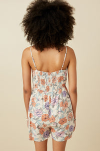 HY7329 Ivory Womens Romantic Floral Smock Back Romper Detail